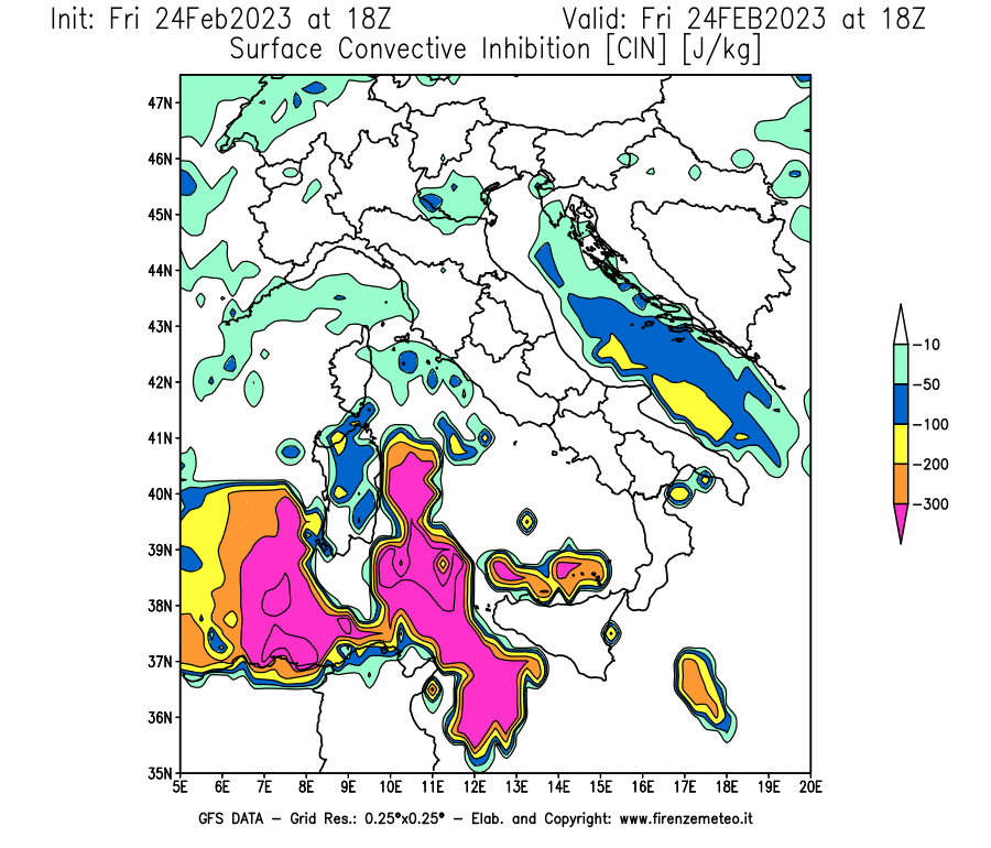 Mappa di analisi GFS - CIN [J/kg] in Italia
							del 24/02/2023 18 <!--googleoff: index-->UTC<!--googleon: index-->