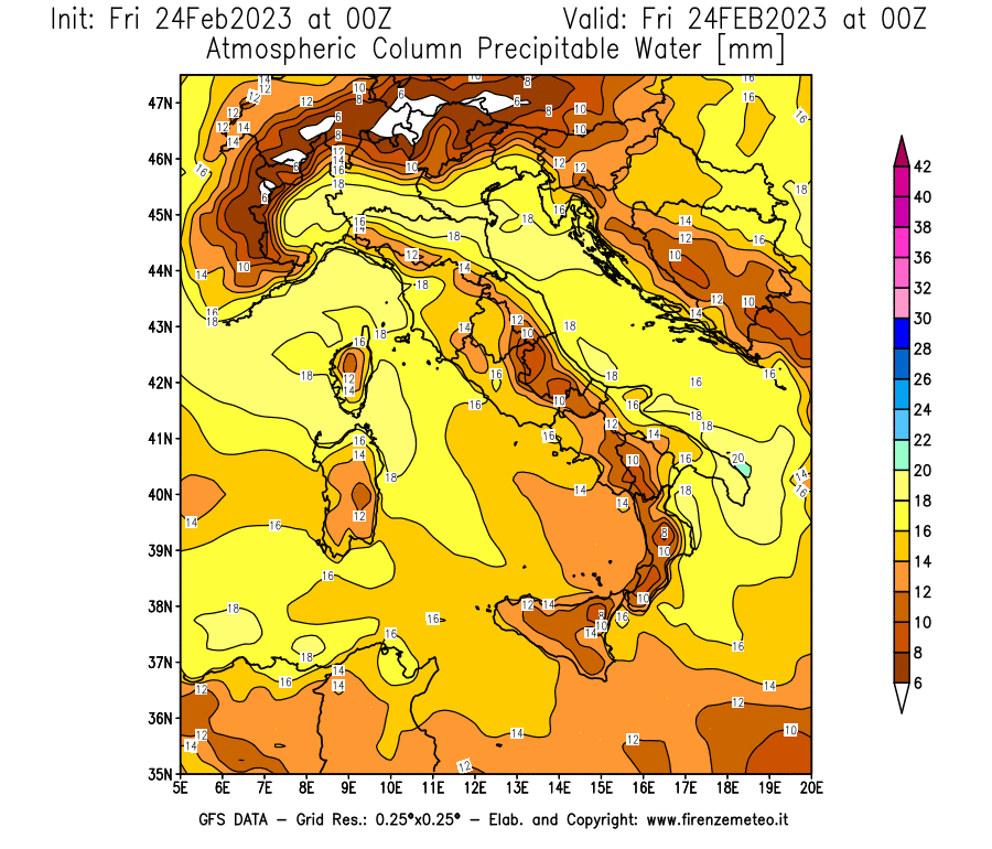 Mappa di analisi GFS - Precipitable Water [mm] in Italia
							del 24/02/2023 00 <!--googleoff: index-->UTC<!--googleon: index-->