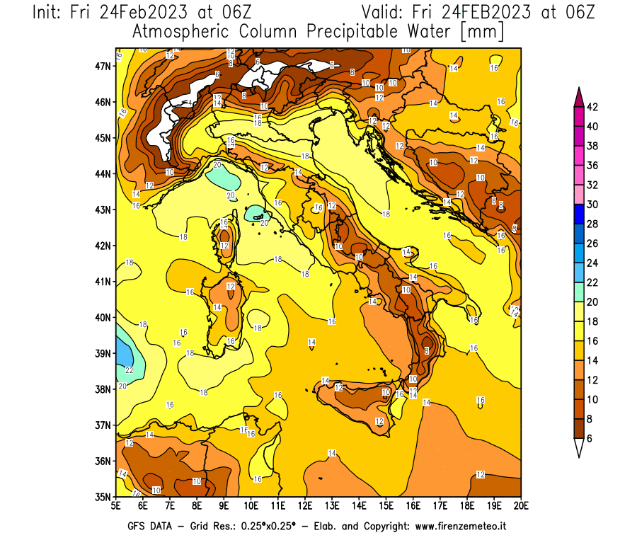 Mappa di analisi GFS - Precipitable Water [mm] in Italia
							del 24/02/2023 06 <!--googleoff: index-->UTC<!--googleon: index-->