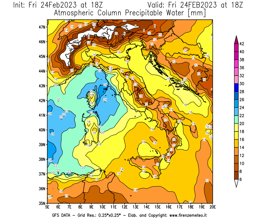 Mappa di analisi GFS - Precipitable Water [mm] in Italia
							del 24/02/2023 18 <!--googleoff: index-->UTC<!--googleon: index-->