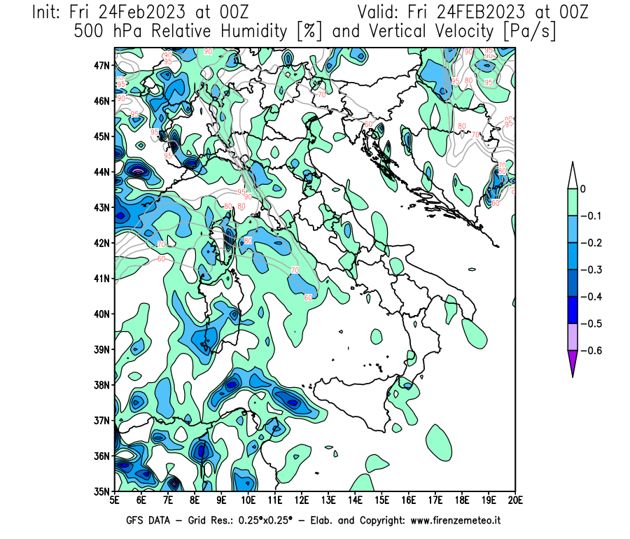 Mappa di analisi GFS - Umidità relativa [%] e Omega [Pa/s] a 500 hPa in Italia
							del 24/02/2023 00 <!--googleoff: index-->UTC<!--googleon: index-->