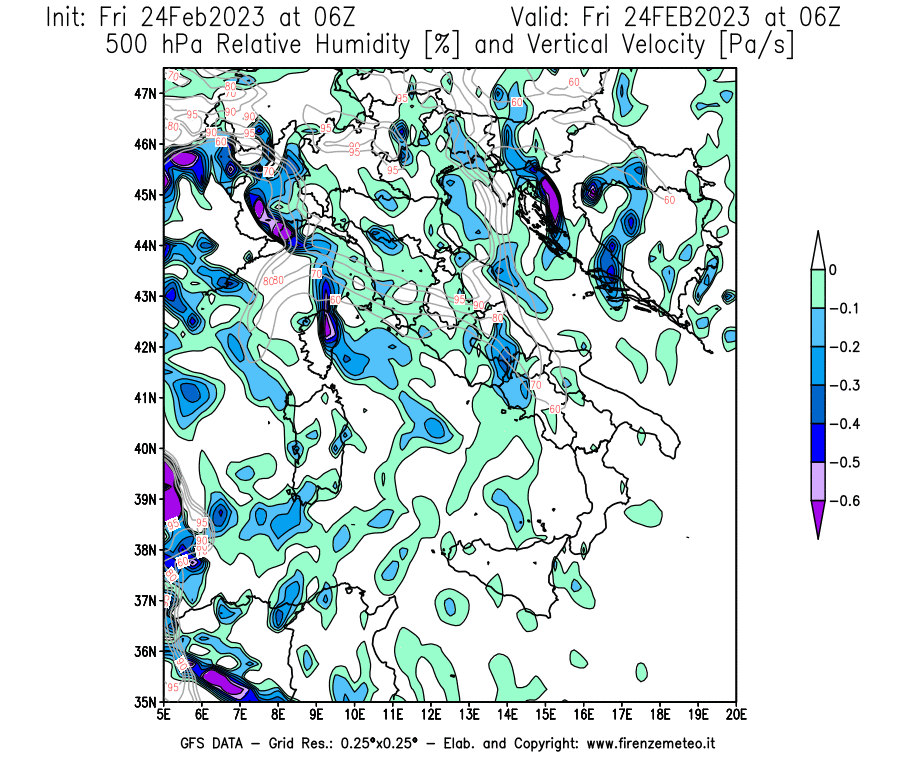 Mappa di analisi GFS - Umidità relativa [%] e Omega [Pa/s] a 500 hPa in Italia
							del 24/02/2023 06 <!--googleoff: index-->UTC<!--googleon: index-->