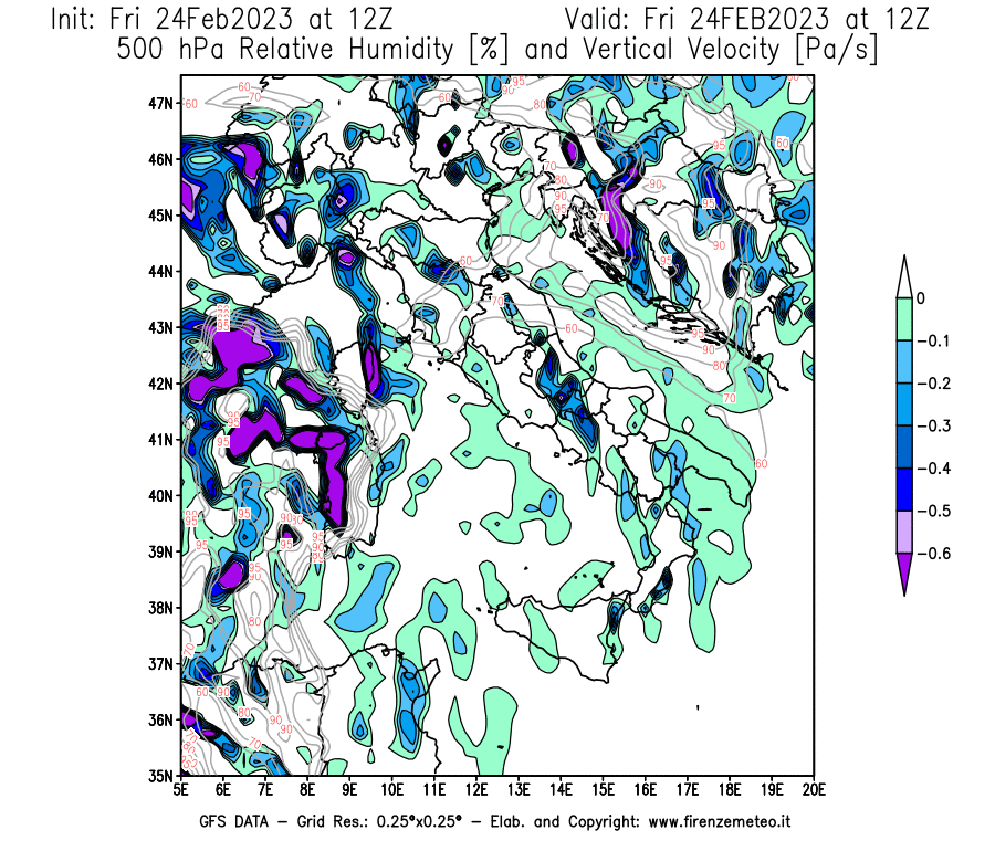 Mappa di analisi GFS - Umidità relativa [%] e Omega [Pa/s] a 500 hPa in Italia
							del 24/02/2023 12 <!--googleoff: index-->UTC<!--googleon: index-->