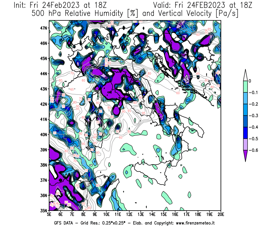 Mappa di analisi GFS - Umidità relativa [%] e Omega [Pa/s] a 500 hPa in Italia
							del 24/02/2023 18 <!--googleoff: index-->UTC<!--googleon: index-->