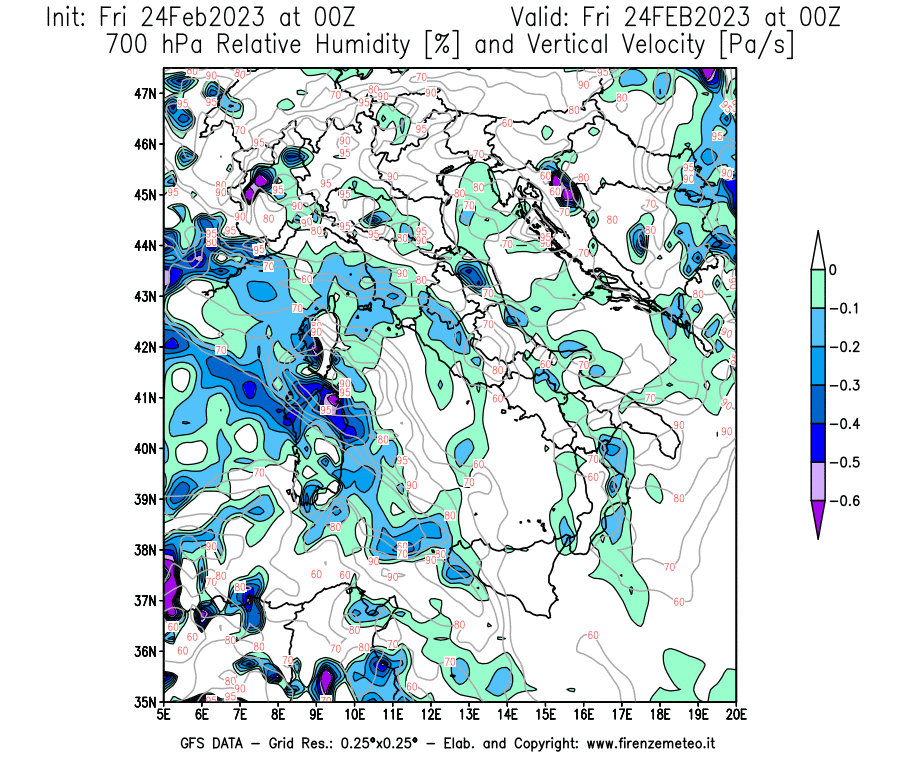 Mappa di analisi GFS - Umidità relativa [%] e Omega [Pa/s] a 700 hPa in Italia
							del 24/02/2023 00 <!--googleoff: index-->UTC<!--googleon: index-->