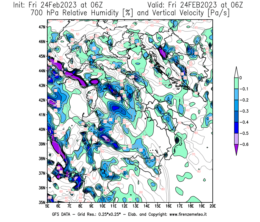 Mappa di analisi GFS - Umidità relativa [%] e Omega [Pa/s] a 700 hPa in Italia
							del 24/02/2023 06 <!--googleoff: index-->UTC<!--googleon: index-->