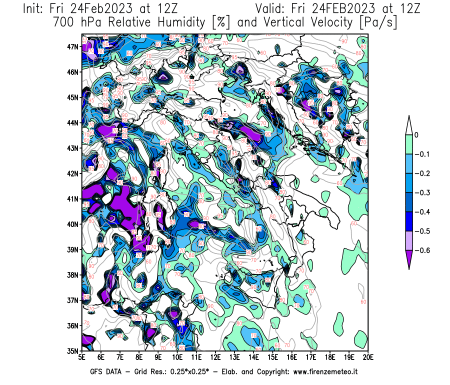 Mappa di analisi GFS - Umidità relativa [%] e Omega [Pa/s] a 700 hPa in Italia
							del 24/02/2023 12 <!--googleoff: index-->UTC<!--googleon: index-->
