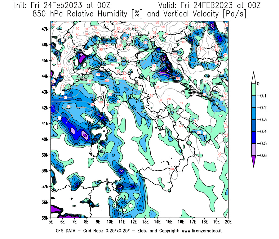 Mappa di analisi GFS - Umidità relativa [%] e Omega [Pa/s] a 850 hPa in Italia
							del 24/02/2023 00 <!--googleoff: index-->UTC<!--googleon: index-->