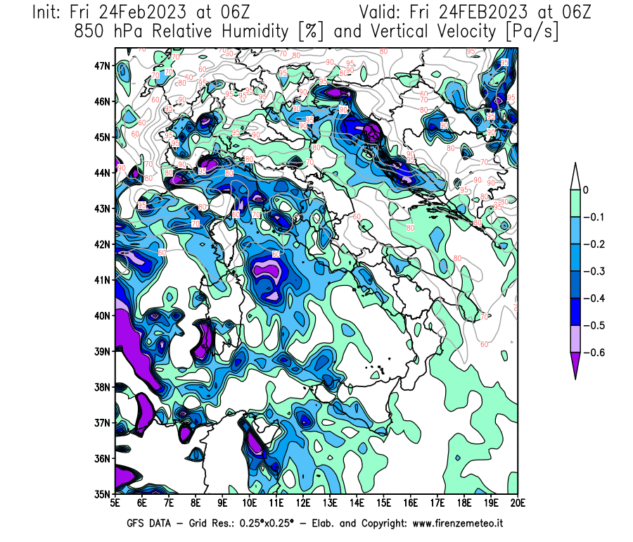 Mappa di analisi GFS - Umidità relativa [%] e Omega [Pa/s] a 850 hPa in Italia
							del 24/02/2023 06 <!--googleoff: index-->UTC<!--googleon: index-->