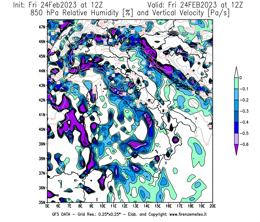 Mappa di analisi GFS - Umidità relativa [%] e Omega [Pa/s] a 850 hPa in Italia
							del 24/02/2023 12 <!--googleoff: index-->UTC<!--googleon: index-->