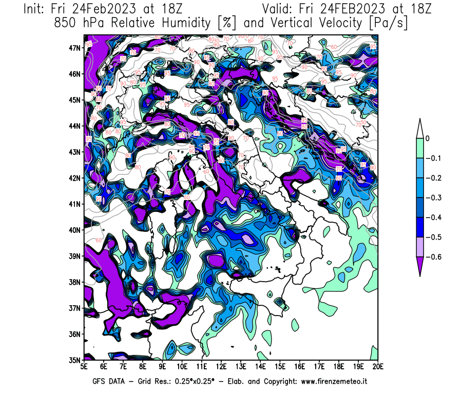Mappa di analisi GFS - Umidità relativa [%] e Omega [Pa/s] a 850 hPa in Italia
							del 24/02/2023 18 <!--googleoff: index-->UTC<!--googleon: index-->