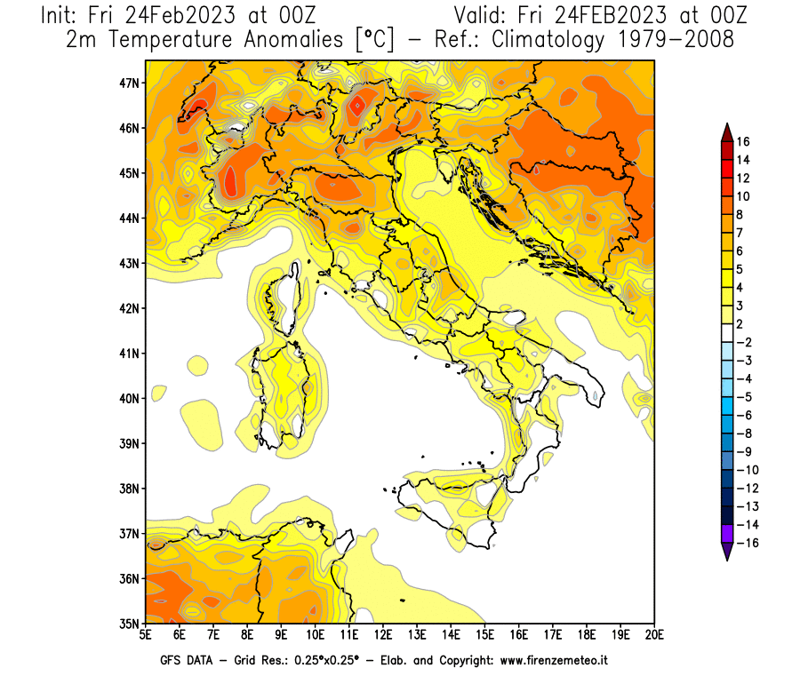 Mappa di analisi GFS - Anomalia Temperatura [°C] a 2 m in Italia
							del 24/02/2023 00 <!--googleoff: index-->UTC<!--googleon: index-->