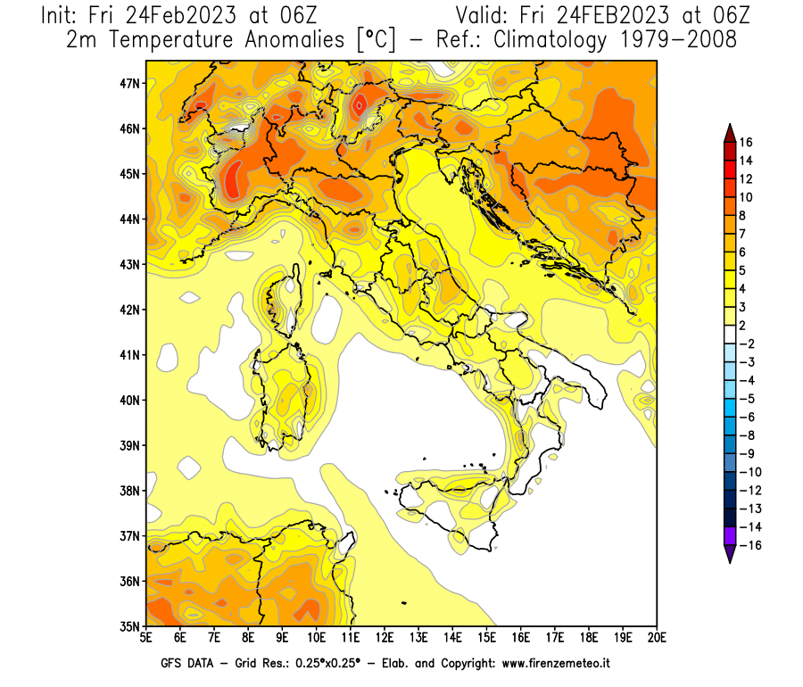 Mappa di analisi GFS - Anomalia Temperatura [°C] a 2 m in Italia
							del 24/02/2023 06 <!--googleoff: index-->UTC<!--googleon: index-->