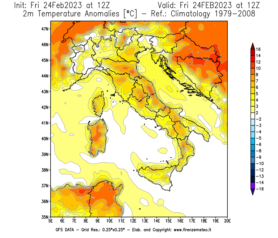 Mappa di analisi GFS - Anomalia Temperatura [°C] a 2 m in Italia
							del 24/02/2023 12 <!--googleoff: index-->UTC<!--googleon: index-->