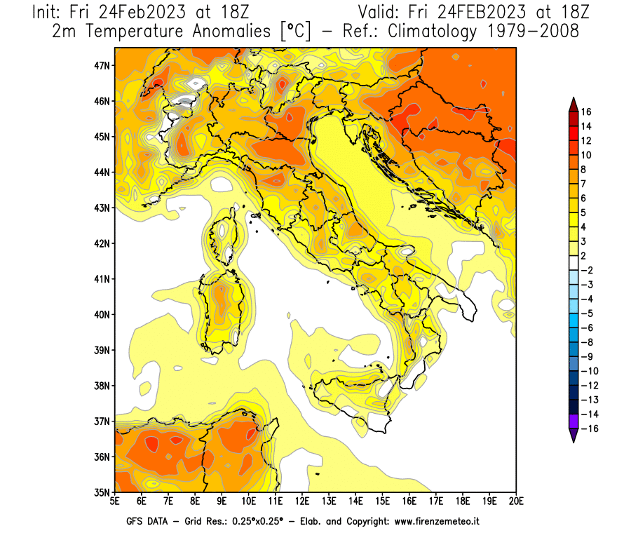 Mappa di analisi GFS - Anomalia Temperatura [°C] a 2 m in Italia
							del 24/02/2023 18 <!--googleoff: index-->UTC<!--googleon: index-->