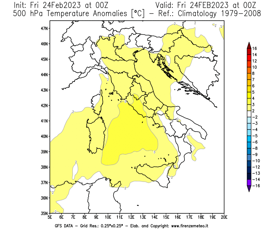 Mappa di analisi GFS - Anomalia Temperatura [°C] a 500 hPa in Italia
							del 24/02/2023 00 <!--googleoff: index-->UTC<!--googleon: index-->
