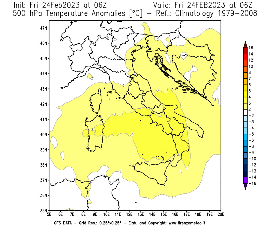 Mappa di analisi GFS - Anomalia Temperatura [°C] a 500 hPa in Italia
							del 24/02/2023 06 <!--googleoff: index-->UTC<!--googleon: index-->