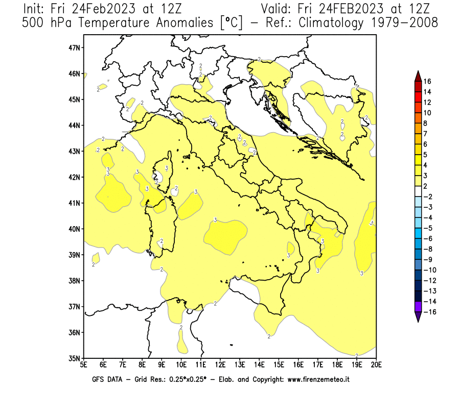 Mappa di analisi GFS - Anomalia Temperatura [°C] a 500 hPa in Italia
							del 24/02/2023 12 <!--googleoff: index-->UTC<!--googleon: index-->