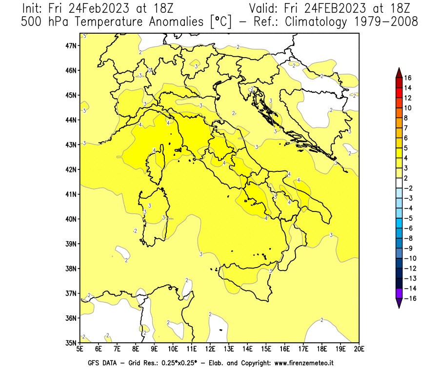 Mappa di analisi GFS - Anomalia Temperatura [°C] a 500 hPa in Italia
							del 24/02/2023 18 <!--googleoff: index-->UTC<!--googleon: index-->