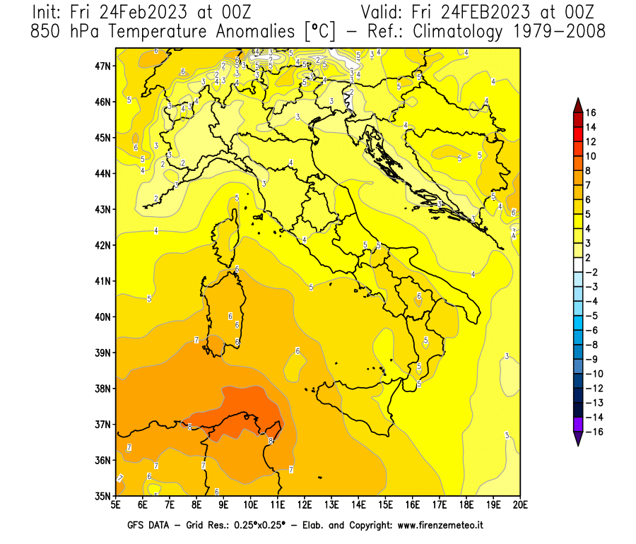 Mappa di analisi GFS - Anomalia Temperatura [°C] a 850 hPa in Italia
							del 24/02/2023 00 <!--googleoff: index-->UTC<!--googleon: index-->
