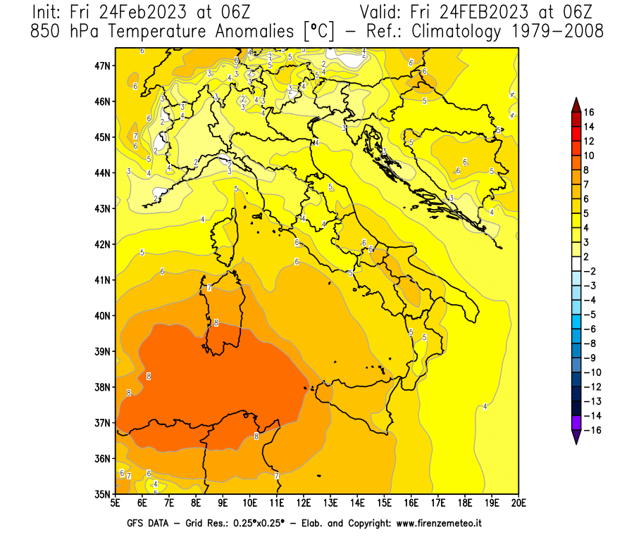 Mappa di analisi GFS - Anomalia Temperatura [°C] a 850 hPa in Italia
							del 24/02/2023 06 <!--googleoff: index-->UTC<!--googleon: index-->