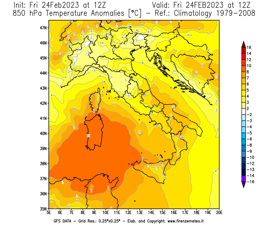 Mappa di analisi GFS - Anomalia Temperatura [°C] a 850 hPa in Italia
							del 24/02/2023 12 <!--googleoff: index-->UTC<!--googleon: index-->