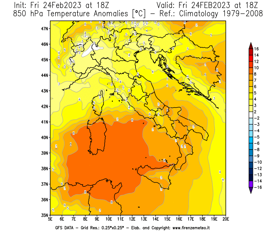 Mappa di analisi GFS - Anomalia Temperatura [°C] a 850 hPa in Italia
							del 24/02/2023 18 <!--googleoff: index-->UTC<!--googleon: index-->