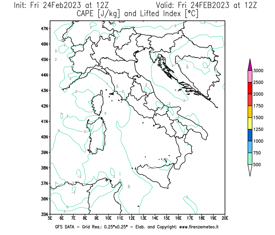 Mappa di analisi GFS - CAPE [J/kg] e Lifted Index [°C] in Italia
							del 24/02/2023 12 <!--googleoff: index-->UTC<!--googleon: index-->
