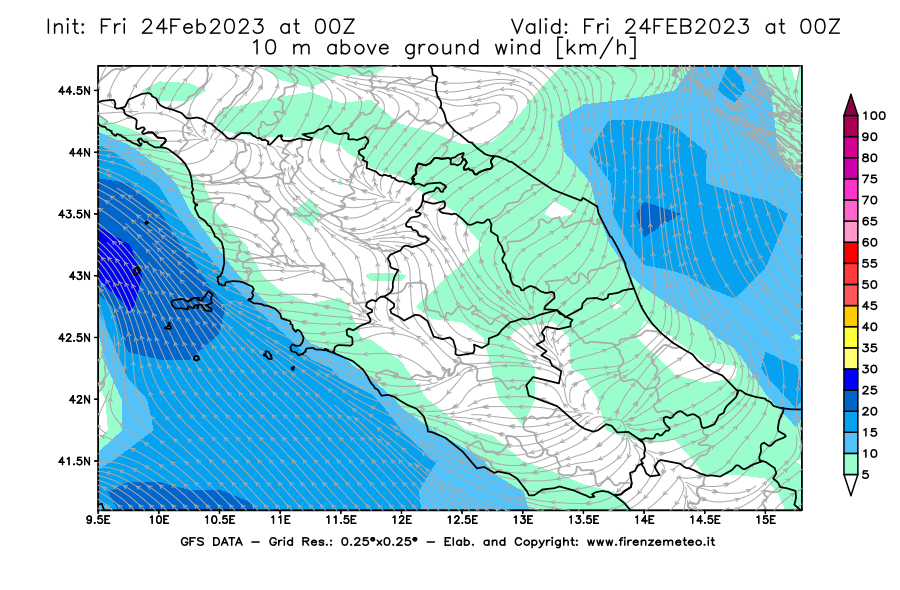 Mappa di analisi GFS - Velocità del vento a 10 metri dal suolo [km/h] in Centro-Italia
							del 24/02/2023 00 <!--googleoff: index-->UTC<!--googleon: index-->