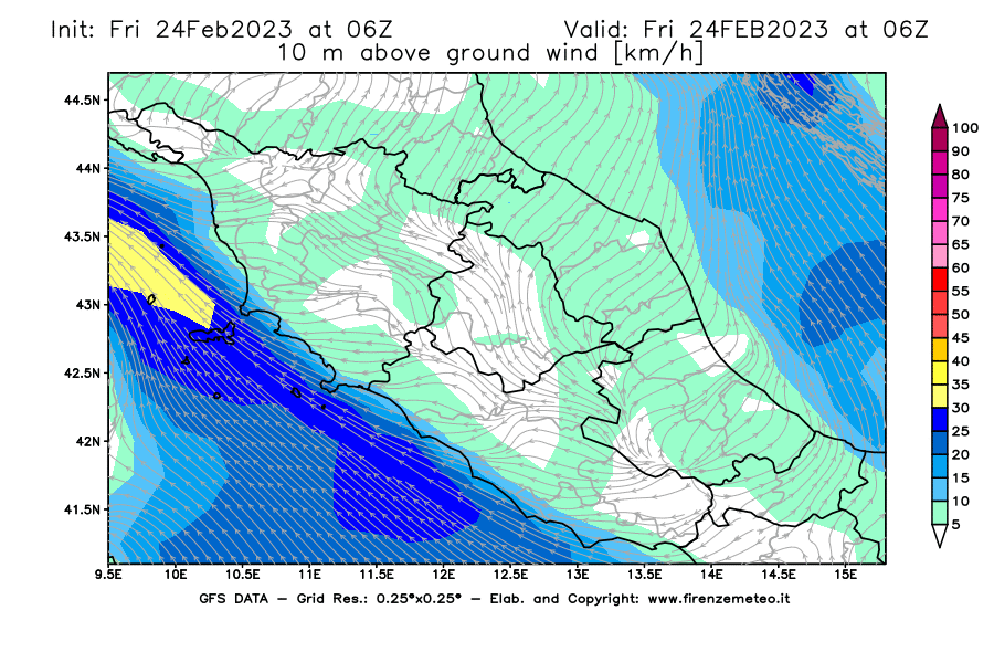 Mappa di analisi GFS - Velocità del vento a 10 metri dal suolo [km/h] in Centro-Italia
							del 24/02/2023 06 <!--googleoff: index-->UTC<!--googleon: index-->