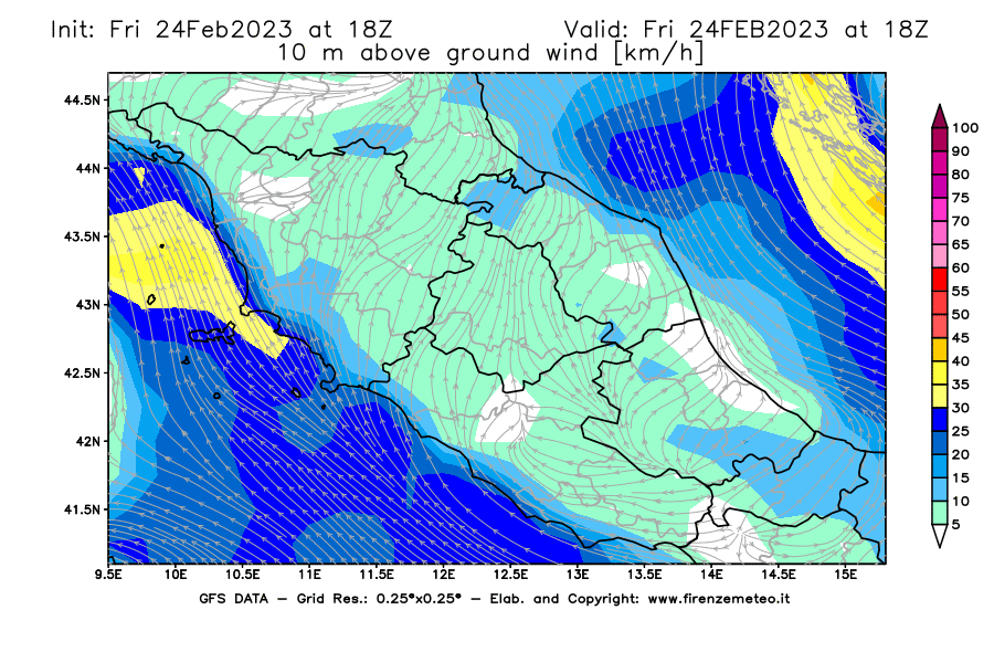 Mappa di analisi GFS - Velocità del vento a 10 metri dal suolo [km/h] in Centro-Italia
							del 24/02/2023 18 <!--googleoff: index-->UTC<!--googleon: index-->