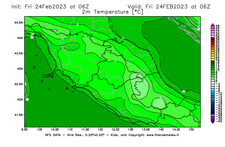 Mappa di analisi GFS - Temperatura a 2 metri dal suolo [°C] in Centro-Italia
							del 24/02/2023 06 <!--googleoff: index-->UTC<!--googleon: index-->