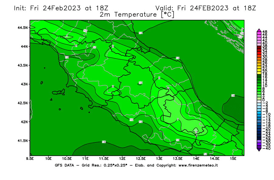 Mappa di analisi GFS - Temperatura a 2 metri dal suolo [°C] in Centro-Italia
							del 24/02/2023 18 <!--googleoff: index-->UTC<!--googleon: index-->