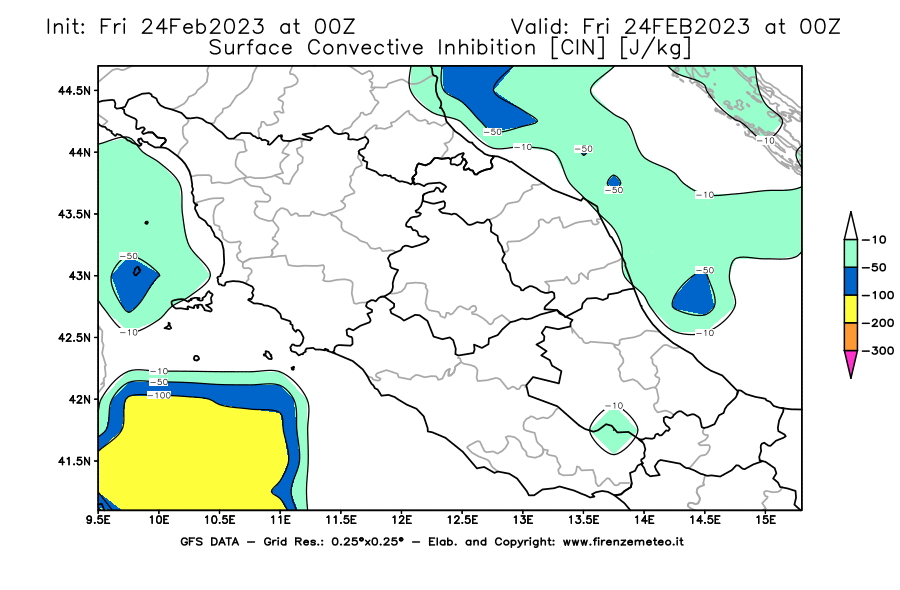 Mappa di analisi GFS - CIN [J/kg] in Centro-Italia
							del 24/02/2023 00 <!--googleoff: index-->UTC<!--googleon: index-->