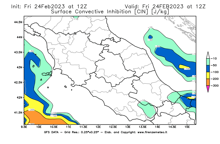 Mappa di analisi GFS - CIN [J/kg] in Centro-Italia
							del 24/02/2023 12 <!--googleoff: index-->UTC<!--googleon: index-->