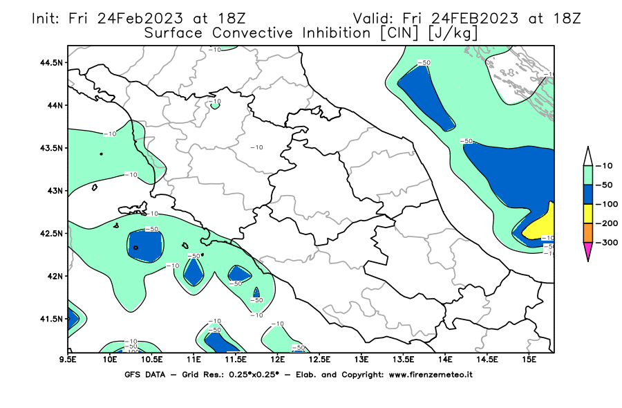 Mappa di analisi GFS - CIN [J/kg] in Centro-Italia
							del 24/02/2023 18 <!--googleoff: index-->UTC<!--googleon: index-->