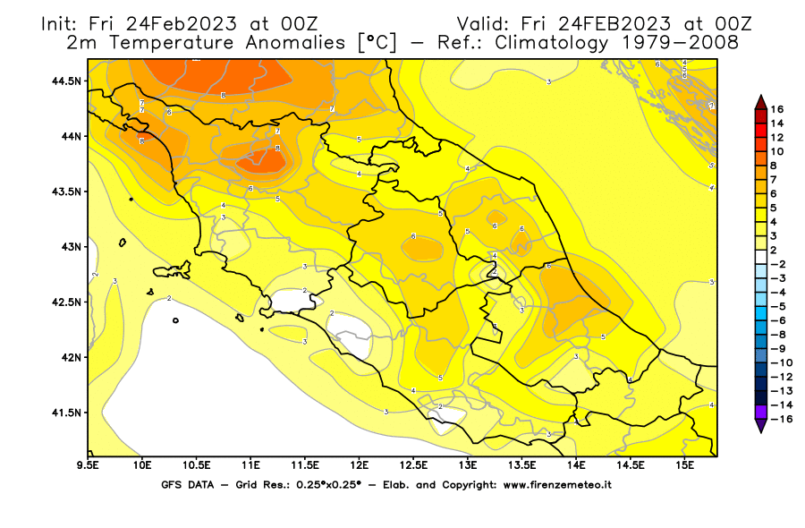 Mappa di analisi GFS - Anomalia Temperatura [°C] a 2 m in Centro-Italia
							del 24/02/2023 00 <!--googleoff: index-->UTC<!--googleon: index-->