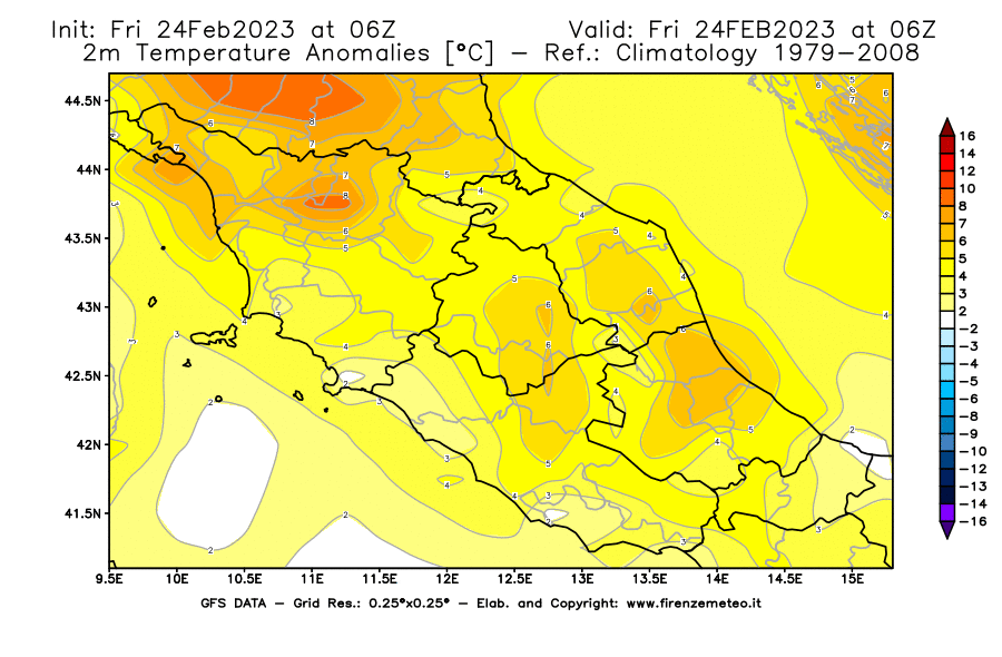 Mappa di analisi GFS - Anomalia Temperatura [°C] a 2 m in Centro-Italia
							del 24/02/2023 06 <!--googleoff: index-->UTC<!--googleon: index-->
