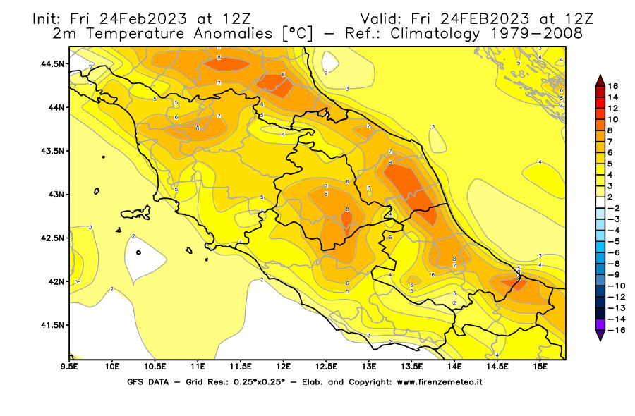 Mappa di analisi GFS - Anomalia Temperatura [°C] a 2 m in Centro-Italia
							del 24/02/2023 12 <!--googleoff: index-->UTC<!--googleon: index-->