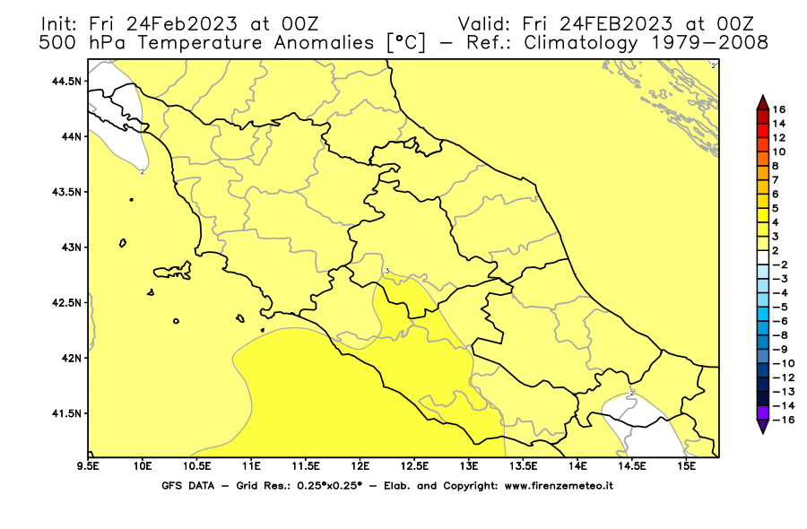 Mappa di analisi GFS - Anomalia Temperatura [°C] a 500 hPa in Centro-Italia
							del 24/02/2023 00 <!--googleoff: index-->UTC<!--googleon: index-->