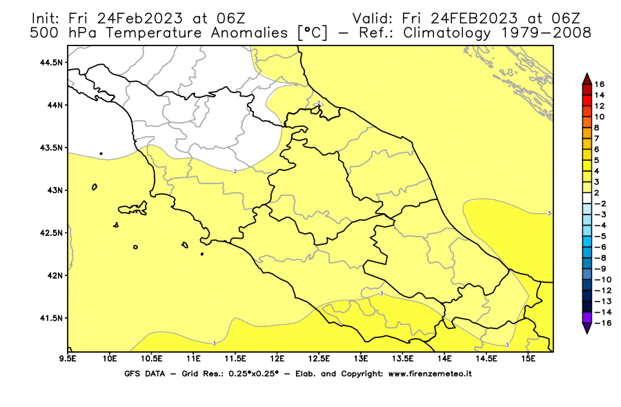 Mappa di analisi GFS - Anomalia Temperatura [°C] a 500 hPa in Centro-Italia
							del 24/02/2023 06 <!--googleoff: index-->UTC<!--googleon: index-->