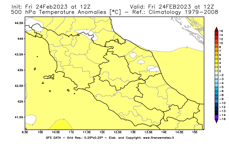 Mappa di analisi GFS - Anomalia Temperatura [°C] a 500 hPa in Centro-Italia
							del 24/02/2023 12 <!--googleoff: index-->UTC<!--googleon: index-->