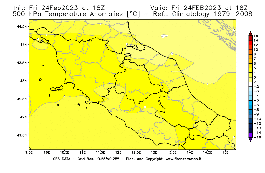 Mappa di analisi GFS - Anomalia Temperatura [°C] a 500 hPa in Centro-Italia
							del 24/02/2023 18 <!--googleoff: index-->UTC<!--googleon: index-->