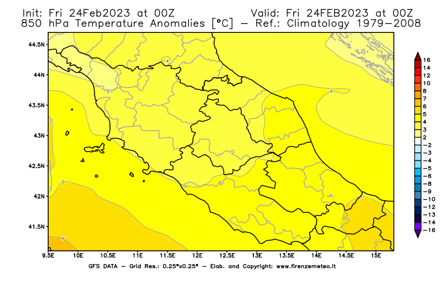 Mappa di analisi GFS - Anomalia Temperatura [°C] a 850 hPa in Centro-Italia
							del 24/02/2023 00 <!--googleoff: index-->UTC<!--googleon: index-->