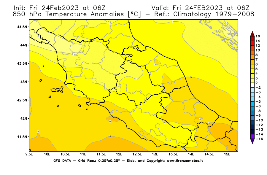 Mappa di analisi GFS - Anomalia Temperatura [°C] a 850 hPa in Centro-Italia
							del 24/02/2023 06 <!--googleoff: index-->UTC<!--googleon: index-->