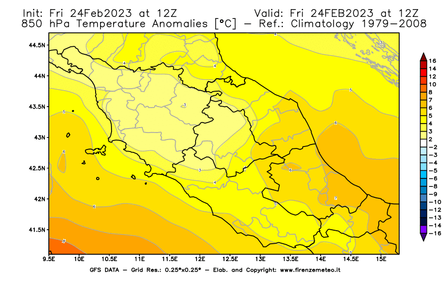 Mappa di analisi GFS - Anomalia Temperatura [°C] a 850 hPa in Centro-Italia
							del 24/02/2023 12 <!--googleoff: index-->UTC<!--googleon: index-->