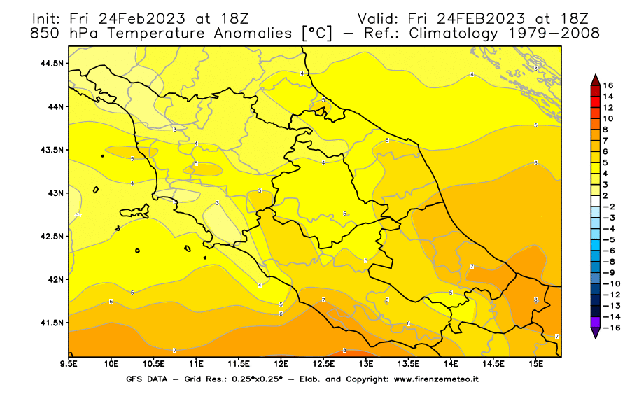 Mappa di analisi GFS - Anomalia Temperatura [°C] a 850 hPa in Centro-Italia
							del 24/02/2023 18 <!--googleoff: index-->UTC<!--googleon: index-->