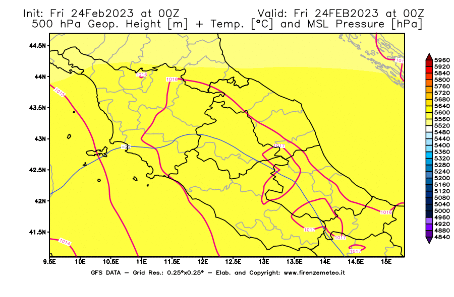 Mappa di analisi GFS - Geopotenziale [m] + Temp. [°C] a 500 hPa + Press. a livello del mare [hPa] in Centro-Italia
							del 24/02/2023 00 <!--googleoff: index-->UTC<!--googleon: index-->