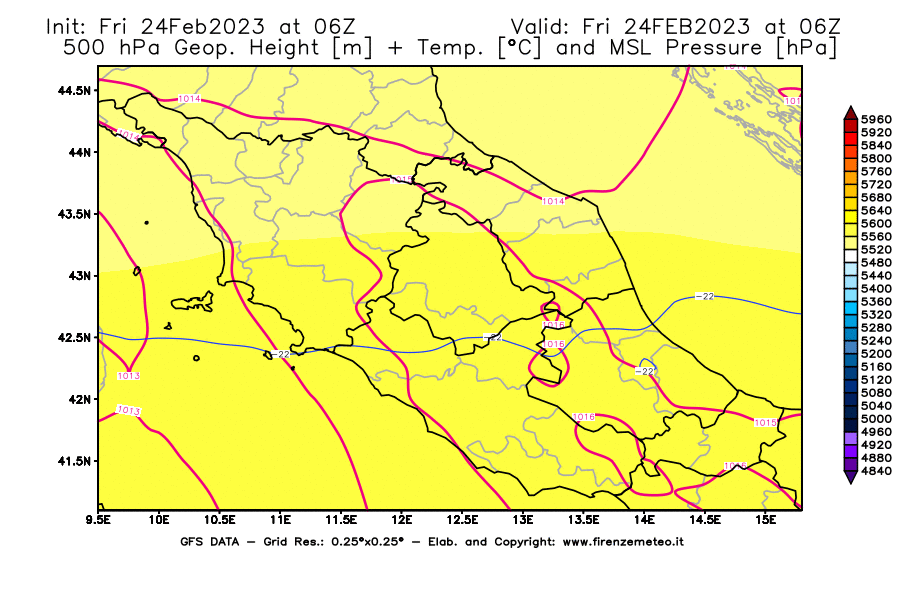 Mappa di analisi GFS - Geopotenziale [m] + Temp. [°C] a 500 hPa + Press. a livello del mare [hPa] in Centro-Italia
							del 24/02/2023 06 <!--googleoff: index-->UTC<!--googleon: index-->