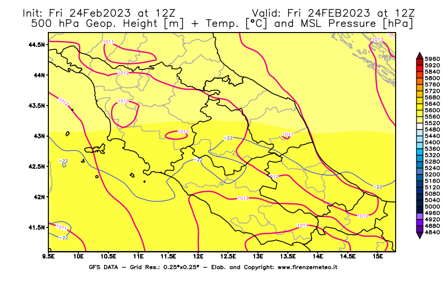 Mappa di analisi GFS - Geopotenziale [m] + Temp. [°C] a 500 hPa + Press. a livello del mare [hPa] in Centro-Italia
							del 24/02/2023 12 <!--googleoff: index-->UTC<!--googleon: index-->